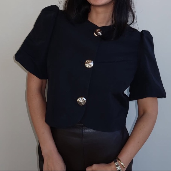 H&M NWT black puff sleeve gold button front blouse - Picture 6 of 6